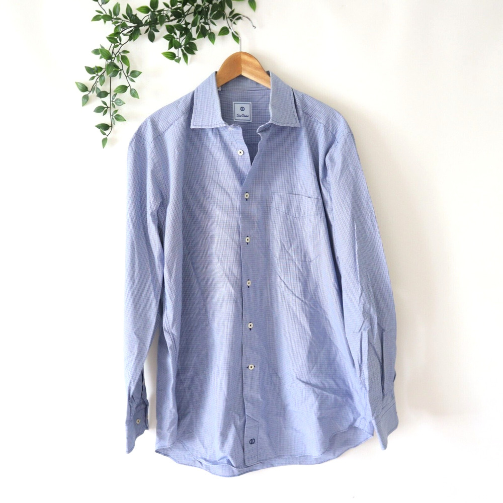David Donahue Men's Blue Mini Check Long Sleeve Button Front Shirt Size XL